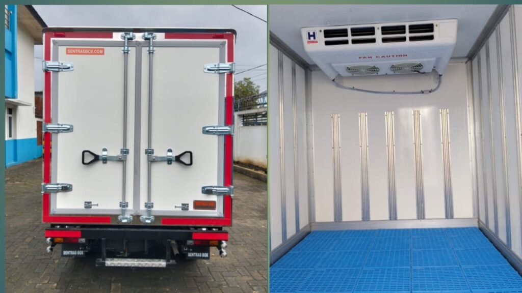 karoseri box pendingin L300. dinding dalam ada tambahan airlid, lantai palet olastik. 