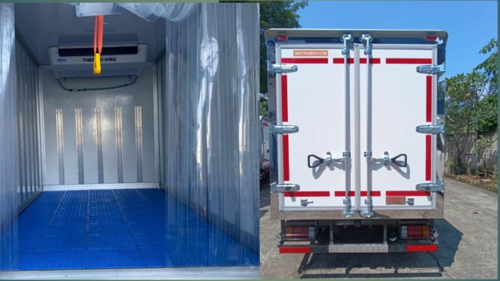 karoseri box pendingin isuzu traga. airlid, palet platik,pintu belakang