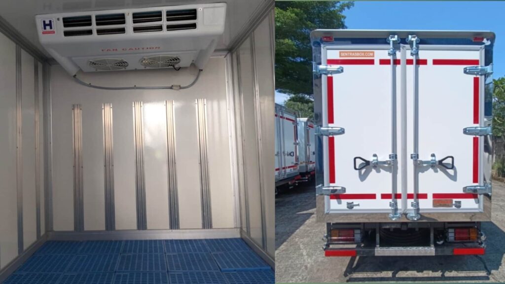 karoseri box pendingin FE 71 N. airlid, palet plastik, pintu belakang.